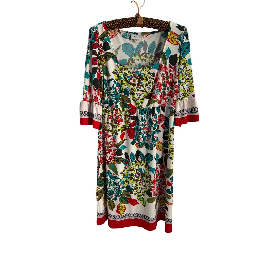 ECI New York Floral Empire Waist Dress 3/4 Bell Sleeve Red Teal Green Size 6